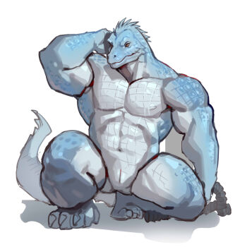 1boy abs absurdres arknights bara barefoot biceps claws cloaca closed_mouth commentary completely_nude full_body furry furry_male highres iguana_tail male_focus muscular muscular_male navel nipples nude pectorals reptile_boy skybox_(arknights) symbol-only_commentary white_background zhengshizi