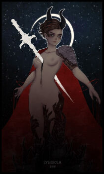 1girl archeage armor artist_name black_blood black_border black_horns black_sclera blood border breasts bright_pupils brown_hair cloak closed_mouth collarbone colored_sclera commentary crescent_moon dated eyeshadow feet_out_of_frame freckles gradient_outline halo highres horns light_particles lips looking_to_the_side lyusiola makeup medium_breasts moon navel no_nipples no_pussy nose nude outline red_cloak red_halo short_hair shoulder_armor solo sword very_short_hair weapon white_outline white_pupils