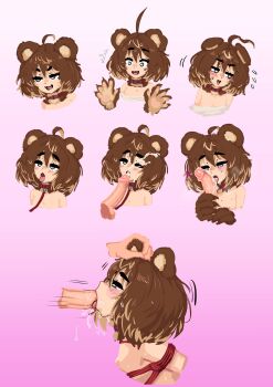 1boy 1girl :3 :d ^^^ ahoge animal_ears animal_hands arms_behind_back barb-tan barbariank bdsm bear_ears bear_girl bear_paws blonde_hair blush bondage bound box_tie breasts brown_hair collar commentary completely_nude cum cum_on_body disembodied_penis ejaculation english_commentary expressive_hair facial fang fellatio flustered flying_sweatdrops grabbing_another&#039;s_ear gradient_background grey_eyes hair_between_eyes hand_on_another&#039;s_ear hetero highres leash monster_girl multicolored_hair multiple_expressions multiple_views neck_fur nipples nose_blush nude off-shoulder_shirt off_shoulder one_eye_closed open_mouth oral original oversized_clothes oversized_shirt pawpads penis pink_background red_collar restrained shibari shirt short_hair simple_background slave small_breasts smile smug tongue tongue_out two-tone_hair wavy_mouth white_shirt wince