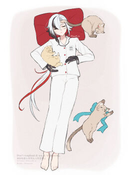 1girl animalization aqua_ribbon arlecchino_(genshin_impact) barefoot black_hair black_hands cat closed_eyes colored_extremities commentary freminet_(genshin_impact) full_body genshin_impact grey_hair hair_between_eyes highres hn_(honyori_ta) long_hair lynette_(genshin_impact) lyney_(genshin_impact) multicolored_hair pajamas pillow ponytail ribbon sleeping streaked_hair symbol-only_commentary white_pajamas