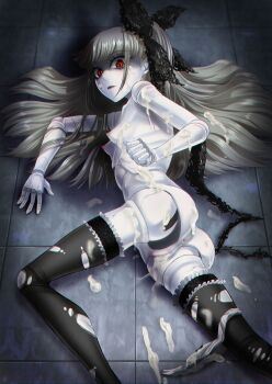 1girl after_vaginal aftersex anus ass black_thighhighs blonde_hair bukkake colored_skin commentary_request cowboy_shot cracked_skin cum cum_in_pussy cum_on_floor cumdrip doll_joints expressionless highres joints l2_echo long_hair looking_at_viewer nipples on_floor original panties panties_around_leg pointy_breasts pussy red_eyes solo thighhighs tile_floor tiles torn_clothes torn_thighhighs underwear white_panties white_skin