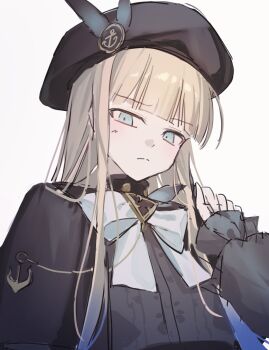 1boy anchor_symbol beret black_capelet black_hat black_shirt blonde_hair blue_eyes blue_hair blunt_bangs bow bowtie brooch capelet clenched_hand closed_eyes closed_mouth commentary fate/grand_order fate_(series) gradient_hair grand_pudding hand_up hashtag-only_commentary hat highres jewelry light_frown long_hair long_sidelocks long_sleeves looking_at_viewer male_focus multicolored_hair nemo_(fate/grand_order_arcade) noah_(second_ascension)_(fate/grand_order) shirt sidelocks simple_background solo straight_hair trap turtleneck two-tone_hair upper_body white_background white_bow white_bowtie