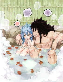 1boy 1girl abs black_hair blue_hair blush commentary english_commentary fairy_tail feathers gajeel_redfox hair_between_eyes highres levy_mcgarden long_hair looking_at_another looking_to_the_side medium_hair nude onsen outdoors rusky sitting smile smoke