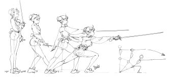 Rule 34 | 1girl, bun cover, commentary, double bun, english commentary, fencing, from side, hair bun, highres, holding, holding sword, holding weapon, monochrome, original, pirata (gailtonatiu), short hair, signature, simple background, sketch, sword, weapon