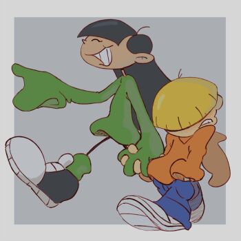2023 artist_request asian black_hair blonde_hair blush cartoon_network codename:_kids_next_door holding_hands hood hoodie non-web_source numbuh_3 numbuh_4 oversized_clothes pointing smile un-genesis