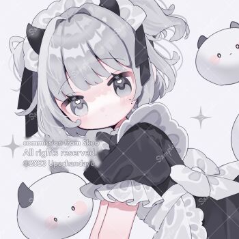 1girl apron artist_name back_bow black_dress black_ribbon blunt_bangs blush bow closed_mouth commentary commission dress frilled_apron frilled_sleeves frills grey_background grey_eyes grey_hair hair_ribbon highres looking_at_viewer maid maid_headdress original ribbon sample_watermark short_hair short_sleeves simple_background skeb_commission solo sparkle two_side_up upa_papa_co upper_body waist_apron watermark watermark_grid white_apron white_bow