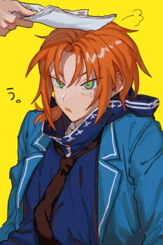 Rule 34 | 1boy, androgynous, black necktie, blue jacket, ensemble stars!, furrowed brow, green eyes, high collar, highres, jacket, lapels, light blush, looking ahead, low ponytail, male focus, necktie, orange hair, ponytail, short ponytail, small sweatdrop, tsukinaga leo, upturned eyes, yumu1059