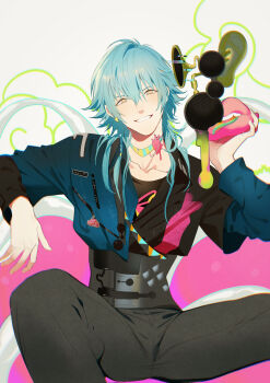 1boy absurdres black_jacket black_pants black_shirt blue_hair blue_jacket brown_eyes commentary_request dramatical_murder feet_out_of_frame grey_background hair_between_eyes hand_up highres holding jacket layered_sleeves long_sleeves looking_at_viewer male_focus microphone miemia pants seragaki_aoba shirt short_over_long_sleeves short_sleeves single_hair_intake sitting smile solo