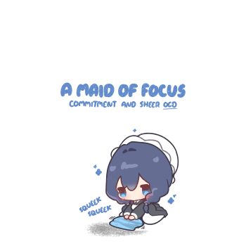 1girl absurdres black_dress blue_eyes blue_hair blush chibi chibi_only cleaning cleaning_rag commentary decrilus double-parted_bangs dress english_commentary english_text full_body hair_between_eyes hat highres hololive hololive_english long_sleeves maid mob_cap official_alternate_costume ouro_kronii ouro_kronii_(maid) short_hair simple_background solo virtual_youtuber white_background white_hat