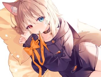 Rule 34 | 1girl, animal ear fluff, animal ears, artist request, belt collar, black coat, blue eyes, bound, bound wrists, bow, coat, collar, collarbone, commentary request, dog ears, dog girl, dog tail, furrowed brow, hasuki rui, heterochromia, highres, hood, hood down, indie virtual youtuber, light blush, long sleeves, looking at viewer, medium hair, mouth hold, on pillow, orange bow, own hands together, red eyes, ribbon, ribbon in mouth, second-party source, simple background, solo, tail, tearing up, virtual youtuber, white background