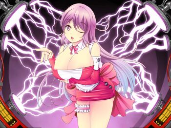 1girl areola_slip breast_hold breasts cleavage dmm elbow_gloves female_focus gloves huge_breasts leaning_forward legs lightning long_hair looking_at_viewer machine one_eye_closed open_mouth purple_eyes purple_hair skirt smile solo standing thigh_strap thighs wink