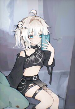 1girl absurdres ahoge alternate_costume alternate_hair_color alternate_hair_length alternate_hairstyle artist_name black_skirt blue_eyes cellphone closed_mouth crop_top doktahzaki gawr_gura gills hair_intakes hair_ornament hairclip highres hololive hololive_english ikea_shark long_sleeves looking_at_viewer phone short_hair sitting skirt skull_hair_ornament smartphone solo stuffed_animal stuffed_shark stuffed_toy thigh_strap virtual_youtuber white_hair