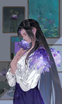 Rule 34 | 1girl, abstract, black hair, blue skirt, chinese commentary, closed eyes, closed mouth, commentary request, cowboy shot, flower, forehead jewel, from side, gujian qitan (series), gujian qitan 3, highres, holding, holding flower, ibuki satsuki, long hair, nail polish, painting (object), picture frame, pink lips, purple flower, purple nails, shirt, skirt, solo, very long hair, water lily flower, white shirt, yun wuyue (gujian qitan)