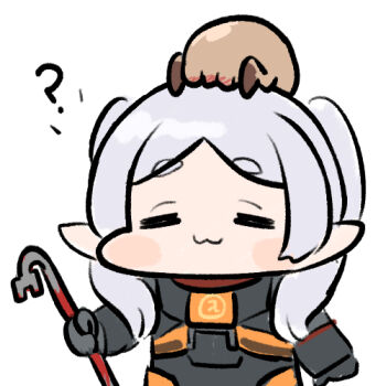 1girl :3 =_= ? blush_stickers chibi closed_eyes commentary cosplay crowbar frieren gordon_freeman gordon_freeman_(cosplay) half-life_(series) headcrab hev_suit holding holding_crowbar jazz_jack lowres on_head pointy_ears simple_background solo sousou_no_frieren thick_eyebrows white_background white_hair