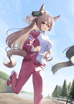 1girl absurdres animal_ears bow brown_hair clenched_hands commentary_request ear_ribbon green_ribbon hair_between_eyes highres horse_ears horse_girl horse_tail jacket long_hair open_mouth orange_eyes pants ponytail red_jacket red_pants red_shoes ribbon running satono_diamond_(umamusume) shoes sneakers sunny_(20597521) tail track_jacket track_suit umamusume white_ribbon