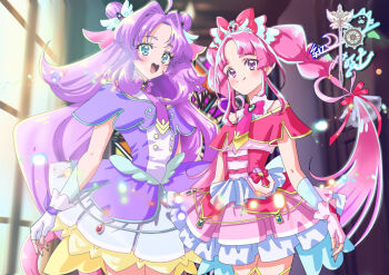 Rule 34 | 2girls, :d, ahoge, akechi anna, anime coloring, artist logo, artist name, blue eyes, bow, bowtie, bracer, braid, brooch, capelet, closed mouth, commentary, cure answer, cure mystique, double bun, dress, fingerless gloves, frilled dress, frills, gloves, hair bow, hair bun, hair intakes, hair ornament, hair ribbon, heart, heart brooch, heart hair ornament, imesungkang07, impossible hair, indoors, jewelry, kobayashi mikuru, layered gloves, logo, long hair, looking at viewer, magical girl, meitantei precure!, multiple girls, open mouth, original, pact holder, parted bangs, pink bow, pink bowtie, pink capelet, pink dress, pink hair, precure, purple bow, purple bowtie, purple capelet, purple dress, purple eyes, purple hair, red bow, ribbon, short dress, side-by-side, side-tie, signature, sleeveless, sleeveless dress, smile, standing, twin braids, very long hair, white gloves