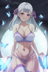 Rule 34 | 1girl, black clover, bra, breasts, bug, butterfly, curvy, garter straps, grey hair, highres, huge breasts, insect, large breasts, lingerie, looking at viewer, moon, night, noelle silva, panties, purple eyes, smile, the amazing gambit, thick thighs, thighhighs, thighs, thong, twintails, underwear, wide hips