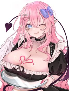 1girl :q absurdres asymmetrical_wings black_choker black_dress blue_bow blue_eyes blush bow breast_rest breasts breasts_on_tray carried_breast_rest carrying choker cleavage closed_mouth collarbone commentary commission cyanea_(vtuber) demon_girl demon_tail demon_wings double-parted_bangs dress ear_piercing english_commentary feathered_wings fingernails freckles hair_between_eyes hair_bow hair_ornament hairclip heart heart-shaped_pupils heart_hair_ornament highres holding holding_tray indie_virtual_youtuber large_breasts licking_lips long_fingernails long_hair looking_at_viewer maid mismatched_wings mole mole_on_breast mole_under_mouth nail_polish one_eye_closed parallel_hairclips piercing pink_hair pink_nails pointy_ears puffy_short_sleeves puffy_sleeves rosheil serving short_sleeves simple_background smile solo symbol-shaped_pupils tail tongue tongue_out tray upper_body vgen_commission virtual_youtuber white_background wings
