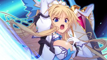 1girl :o arm_up blonde_hair blue_eyes breasts cleavage cropped dress elbow_gloves erika_la_etienne floating_hair game_cg gem gloves hair_intakes hair_ornament headdress holding holding_sword holding_weapon kourin_tenshi_en_ciel_rena large_breasts large_variant_set long_hair looking_at_viewer magical_girl non-web_source official_art open_mouth puffy_sleeves saitou_natsuki sideboob solo suhamaya sword upper_body v-shaped_eyebrows variant_set very_long_hair weapon white_gloves