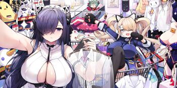 +_+ 4girls akashi_(azur_lane) animal_ears animal_hands armpits august_von_parseval_(azur_lane) august_von_parseval_(the_conquered_unhulde)_(azur_lane) azur_lane bare_shoulders between_breasts black_gloves black_hair black_thighhighs blonde_hair blue_jacket blue_shirt blush bow bowtie breast_cutout breasts candy cat_ears cat_paws center_opening character_doll checkered_floor cleavage cleavage_cutout clothes_hanger clothing_cutout curled_horns ddangbi doll dress fake_animal_ears fang food frills garter_straps gem_(azur_lane) gloves graf_zeppelin_(azur_lane) green_hair guam_(azur_lane) guam_(stage-setting_charmer)_(azur_lane) hair_between_eyes hair_ornament hair_over_one_eye hairband hairclip highres holding horns i_want_you indoors jacket kaga_(azur_lane) large_breasts leotard long_hair long_sleeves maid_headdress manjuu_(azur_lane) mannequin mechanical_horns meowfficer_(azur_lane) multiple_girls necktie necktie_between_breasts official_alternate_costume official_art one_eye_covered open_mouth outstretched_arm parted_lips paw_gloves paw_pose playboy_bunny poster_(object) purple_eyes see-through_clothes see-through_shirt selfie shirt shop shopping_cart sideboob sidelocks skindentation sleeveless sleeveless_dress smile standing star_(symbol) strap_between_breasts stuffed_animal stuffed_toy stuffed_winged_unicorn symbol-shaped_pupils thighhighs third-party_source twintails very_long_hair white_dress white_garter_straps white_shirt zettai_ryouiki
