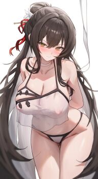 1girl absurdres arms_behind_back bare_arms bare_shoulders blush breasts brown_hair choker cleavage closed_mouth collarbone colored_inner_hair commission covered_erect_nipples cowboy_shot crop_top crop_top_overhang frown hair_between_eyes hair_bun hair_ornament hairpin halterneck highres large_breasts long_hair looking_at_viewer muhae_(dcnh8882) multicolored_hair no_bra no_pants original panties see-through_clothes see-through_shirt shirt skindentation sleeveless sleeveless_shirt solo spaghetti_strap standing string_panties tearing_up thighs two-tone_hair underwear v-shaped_eyebrows very_long_hair white_choker white_hair white_panties white_shirt yellow_eyes