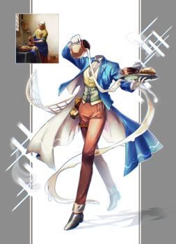 Rule 34 | 1boy, absurdres, basket, belt pouch, black shoes, blue bow, blue bowtie, blue coat, border, bow, bowtie, bread, brown pants, center frills, coat, collared shirt, corset, crinoline, dress shoes, fine art parody, food, frills, full body, green corset, grey border, hand up, highres, holding, holding pitcher, holding tray, hoshi mori, invisible, jug (bottle), lapel pin, lapels, long sleeves, male focus, milk, open clothes, open coat, original, outside border, pants, parody, peaked lapels, personification, pillarboxed, pitcher (container), pouch, pouring, pouring onto self, reference inset, shadow, shirt, shoes, simple background, solo, sparkle, standing, the milkmaid, thigh strap, tray, two-sided coat, two-sided fabric, vest, white background, white coat, white shirt, yellow vest