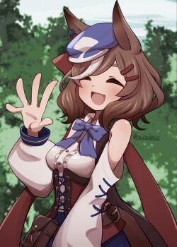 1girl animal_ears belt_bag blue_hat blush bow breasts brown_hair center_frills clothing_cutout commentary_request corset ear_ornament ears_through_headwear frills hair_ornament hairclip hat highres horse_ears horse_girl horse_tail looking_at_viewer matikanetannhauser_(panpaka_tiltott)_(umamusume) matikanetannhauser_(umamusume) medium_breasts medium_hair multicolored_hair newsboy_cap onion-lotus open_mouth red_corset shoulder_cutout smile solo streaked_hair tail tilted_headwear umamusume