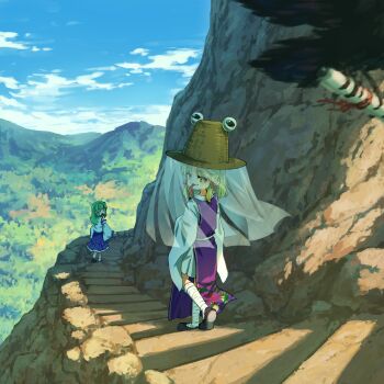 2girls absurdres adapted_costume animal_print bandaged_leg bandages bird blonde_hair blue_skirt blue_sky brown_hat brown_shoes commentary commentary_request day detached_sleeves english_commentary flying frog_hair_ornament frog_print green_hair hair_ornament hat highres kochiya_sanae long_sleeves looking_at_viewer mixed-language_commentary moriya_suwako multiple_girls open_mouth outdoors purple_tabard scenery scroll shoes skirt sky socks stairs suteruko tabard tongue tongue_out touhou white_socks wide_sleeves yellow_eyes |_|