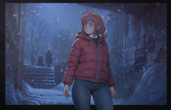 1girl 2ch.ru 2others ? absurdres black_border blue_pants border denim dvach-tan highres jacket jeans leonzo long_sleeves multiple_others orange_eyes orange_hair outdoors outside_border pants red_jacket short_hair snow snowing solo_focus stairs standing twintails ussr-tan winter zipper