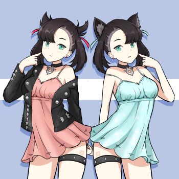 2girls animal_ears aqua_dress asymmetrical_bangs black_choker black_hair black_jacket blue_background breasts cat_ears choker cleavage closed_mouth dress dual_persona earrings freshtango green_eyes hair_ribbon highres index_finger_raised jacket jewelry looking_at_viewer marnie_(pokemon) multiple_girls nintendo open_clothes open_jacket parted_lips pink_dress pointing pointing_at_self pokemon pokemon_swsh ribbon short_dress simple_background single_off_shoulder small_breasts stud_earrings thigh_strap thighs twintails undercut