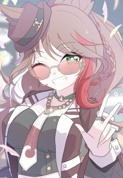 Rule 34 | 1girl, absurdres, animal ears, arnolddayo, black shirt, breasts, brown hair, chain necktie, choker, collarbone, commentary request, confetti, ears through headwear, fedora, forever young (racing) (umamusume), forever young (umamusume), green choker, green eyes, grin, hat, highres, horse ears, horse girl, jacket, jewelry, large breasts, long hair, looking at viewer, multicolored hair, multiple rings, necktie, one eye closed, open mouth, purple-tinted eyewear, red-tinted eyewear, red jacket, red streaks, ring, shirt, smile, solo, streaked hair, sunglasses, teeth, tinted eyewear, umamusume, upper body, w, white necktie, white streaks