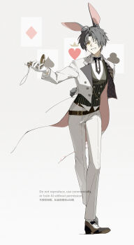 1boy absurdres ace_(playing_card) ace_of_clubs ace_of_diamonds ace_of_hearts ace_of_spades alternate_costume animal_ear_hairband animal_ears arm_behind_back asaba_harumasa bingzhen_h2o black_bow black_bowtie black_hair bow bowtie brown_shoes card club_(shape) commentary_request diamond_(shape) fake_animal_ears fake_tail gloves grey_background grin hairband heart highres holding holding_pocket_watch jacket leaning_forward looking_at_viewer male_focus one_eye_closed pants parted_bangs playing_card pocket_watch rabbit_tail shoes short_hair smile solo spade_(shape) tail watch white_gloves white_jacket white_pants yellow_eyes zenless_zone_zero