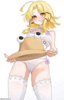 1girl absurdres ahoge asaka_haru123 bare_arms bare_shoulders blonde_hair blush bow bow_bra bow_panties bra breasts brown_hat cameltoe commentary_request cowboy_shot curtained_hair gluteal_fold hair_ribbon hat highres holding holding_unworn_clothes holding_unworn_hat lace lace-trimmed_bra lace_trim lingerie looking_at_viewer medium_breasts medium_hair moriya_suwako multi-strapped_bra panties purple_bow ribbon simple_background solo standing sweat thighhighs touhou tress_ribbon twitter_username underwear underwear_only unworn_hat unworn_headwear white_background white_bra white_panties white_thighhighs yellow_eyes