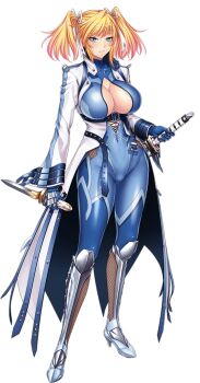 Rule 34 | 1girl, artist collaboration, belt, blonde hair, blue bodysuit, blue eyes, blue gloves, bodysuit, boots, breasts, cleavage, coat, covered navel, curvy, dual wielding, eyes visible through hair, fishnets, full body, gloves, gluteal fold, hair between eyes, hair ribbon, highres, holding, holding knife, holding sword, holding weapon, impossible bodysuit, impossible clothes, knife, large breasts, lilith-soft, lips, long hair, long sleeves, looking at viewer, no bra, official art, pointy ears, ribbon, sennen sensou aigis, shinganji kurenai, shiny clothes, shiny skin, short twintails, skin tight, smile, solo, standing, sword, taimanin (series), taimanin kurenai, taimanin rpgx, thighhighs, thighs, transparent background, trench coat, turtleneck, twintails, weapon, white ribbon, wide hips, zol