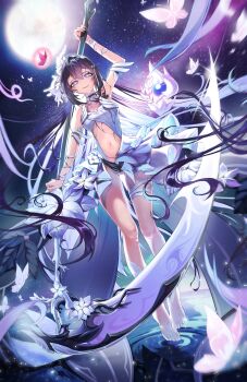 1girl absurdres arm_up bare_shoulders barefoot black_hair breasts bug butterfly closed_mouth colored_inner_hair commentary dress dutch_angle english_commentary flower full_body full_moon hair_flower hair_ornament highres holding holding_scythe honkai_(series) honkai_impact_3rd insect long_hair medium_breasts moon multicolored_hair navel night outdoors purple_eyes red_butterfly ripples scythe seele_vollerei seele_vollerei_(herrscher_of_rebirth) sky sleeveless sleeveless_dress smile solo star_(sky) starry_sky thigh_strap very_long_hair vivi_zerou water white_dress white_hair