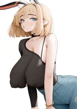 1girl animal_ear_fluff animal_ears asymmetrical_sleeves bangle black_choker blonde_hair blue_eyes blush bracelet breasts choker covered_erect_nipples denim extra_ears eyelashes highres huge_breasts jeans jewelry leaning_forward looking_at_viewer mole mole_under_eye original pants pointy_ears puckered_lips puffy_nipples rabbit_(wlsdnjs950) rabbit_ears short_hair simple_background single_bare_shoulder solo uneven_sleeves white_background