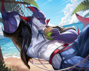 1boy abs arm_behind_head artist_name bara beach black_jacket black_sclera blue_pants blue_sky claws closed_mouth cloud coconut coconut_cup colored_sclera commentary crop_top dislyte dorsal_fin drinking drinking_straw drinking_straw_in_mouth english_commentary etrosamu fin_piercing fins fish_tail food fruit furry furry_male hammock highres holding holding_food holding_fruit jacket looking_at_viewer male_focus muscular muscular_male ocean palm_tree pants red_eyes shark_boy shark_fin shark_tail shirt sky tail tetsuya_(akuru)_(dislyte) tree white_shirt
