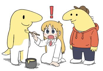 ! 1girl 2boys ahoge arawi_keiichi_(style) baseball_cap blue_eyes brown_hat charlie_dompler city_(arawi_keiichi) closed_mouth coat collared_shirt creature crossover denim hat highres holding holding_paintbrush hood hood_down hoodie jeans lab_coat long_hair multiple_boys necktie nichijou open_mouth orange_hair paint paint_can paintbrush pants professor_shinonome red_hoodie red_necktie shirt shoes sidelocks simple_background small_sweatdrop smile smiling_friends solid_circle_eyes solid_oval_eyes sparkling_eyes tail warner_bros. white_background white_coat white_shirt white_shoes yotuha_desu