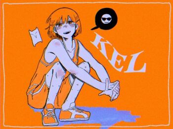 1boy collarbone commentary_request kel_(faraway)_(omori) kel_(omori) looking_at_viewer male_focus monochrome nill_(nill) omori orange_theme shoes short_hair shorts smile sneakers solo speech_bubble spoken_emoji squatting sunglasses_emoji teeth upper_teeth_only v