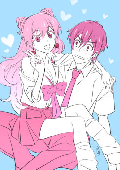 1boy 1girl absurdres arm_around_neck blue_background blush bow clothing_cutout collared_shirt commentary cone_hair_bun couple double_bun earrings fuufu_ijou_koibito_miman. hair_bun heart heart_earrings hetero highres hug jewelry kobayashi_chizuru monochrome nail_polish necktie pink_theme school_uniform shirt shoulder_cutout skirt smile watanabe_akari yakuin_jirou