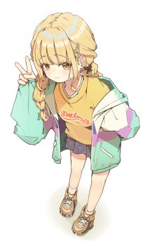 1girl absurdres black_skirt blonde_hair braid breasts closed_mouth commentary_request fujita_kotone full_body gakuen_idolmaster green_jacket hair_ornament highres idolmaster jacket korean_commentary leaning_forward long_hair long_sleeves looking_at_viewer mangotonic miniskirt open_clothes open_jacket plaid_clothes plaid_skirt shirt shoes simple_background skirt small_breasts sneakers socks solo standing twin_braids v white_background white_socks yellow_eyes yellow_shirt yellow_shoes