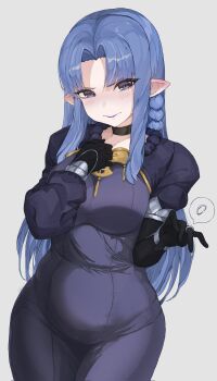 1girl blue_dress blue_eyes blue_hair blush bosu758 braid commentary dress fate/stay_night fate_(series) highres jewelry long_hair mature_female medea_(fate) pointy_ears purple_lips ring side_braid solo untranslatable_commentary very_long_hair wedding_ring