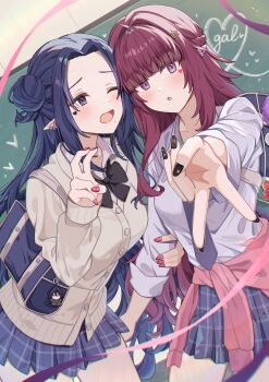 2girls :o absurdres bag bag_charm black_bow black_bowtie black_nails blue_necktie blue_skirt blunt_bangs blush bow bowtie breasts brown_cardigan cardigan chalkboard character_charm charm_(object) cheek_tattoo cid_kagenou clothes_around_waist cowboy_shot curtained_hair earrings elf embarrassed eta_(kage_no_jitsuryokusha_ni_naritakute!) gamma_(kage_no_jitsuryokusha_ni_naritakute!) gyaru hair_bun hand_on_another&#039;s_arm hand_up heart heart_tattoo highres indoors jewelry kage_no_jitsuryokusha_ni_naritakute! long_hair long_sleeves looking_at_viewer matsumoto_yuu medium_breasts mole mole_under_mouth multiple_girls nail_art nail_polish necktie one_eye_closed open_mouth parted_bangs parted_lips plaid_clothes plaid_skirt pleated_skirt pointy_ears purple_eyes purple_hair red_nails school_bag school_uniform shadow_(cid_kagenou) shirt shoulder_bag side_up_bun sidelocks skirt tattoo v white_shirt