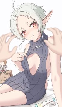1girl 1other ahoge alternate_costume backless_dress backless_outfit bare_shoulders bed_sheet blush bottle breasts character_doll clothes_pull clothing_cutout commentary_request cork doll dress dress_pull elf grey_sweater highres looking_at_viewer mushoku_tensei naked_sweater no_bra parted_bangs parted_lips pointy_ears pov pov_hands red_eyes rudeus_greyrat short_hair sitting sleeveless sleeveless_sweater sleeveless_turtleneck small_breasts sunaken_(su_sann00) sweater sweater_dress sylphiette_(mushoku_tensei) turtleneck turtleneck_sweater virgin_killer_sweater white_hair