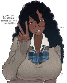 1girl black_hair blue_ribbon blush breasts broccoli_(ohasi) cardigan collared_shirt commentary dark-skinned_female dark_skin english_text face_piercing glasses grin half-closed_eyes hand_up huge_breasts kinky_hair large_breasts lip_piercing long_hair long_sleeves looking_at_viewer neck_ribbon nose_piercing nostril_piercing ohasi original piercing ribbon school_uniform shirt side_labret_piercing simple_background sleeves_past_wrists smile solo symbol-only_commentary upper_body v very_dark_skin white_background