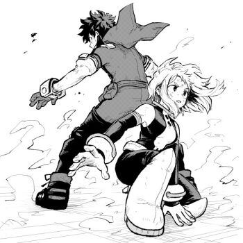 1boy 1girl animal_ear_hood back-to-back black_boots bodysuit boku_no_hero_academia boots breasts dirty dirty_clothes dirty_face fake_animal_ears full_body furrowed_brow gloves greyscale hk_(nt) hood hood_down hooded_bodysuit medium_breasts midoriya_izuku monochrome on_one_knee parted_lips short_hair standing superhero_costume uraraka_ochako white_background white_boots white_gloves