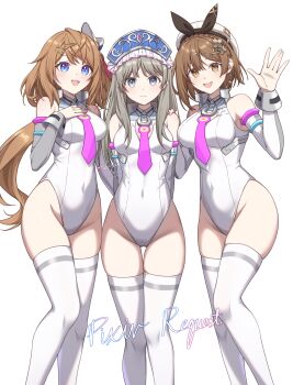 Rule 34 | 3girls, absurdres, arms behind back, atelier (series), atelier meruru, atelier resleriana, atelier ryza, blue eyes, breasts, brown eyes, brown hair, commission, cosplay, detached sleeves, grey hair, highleg, highleg leotard, highres, horseshoe ornament, large breasts, leotard, luyue, medium hair, mihono bourbon (umamusume), mihono bourbon (umamusume) (cosplay), multiple girls, necktie, pink necktie, pixiv commission, reisalin stout, resna sternenlicht, thighhighs, totooria helmold, umamusume, white background, white leotard, white thighhighs