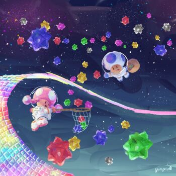 Rule 34 | absurdres, astronaut, floating, galaxy, gampkin0, highres, mario (series), mario kart, mario kart tour, mario kart wii, net, nintendo, rainbow road, space, spacesuit, star (sky), star bit, starry sky print, super mario galaxy, toad (astronaut) (mario), toad (mario), toadette, toadette (astronaut)
