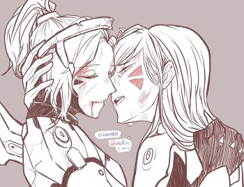 2girls beaten blood blood_on_face crying d.va_(overwatch) long_hair mercy_(overwatch) multiple_girls overwatch overwatch_1 ponytail servandakin wounds yuri
