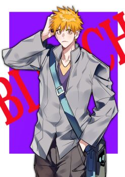 Rule 34 | 1boy, bag, bleach, blue bag, border, brown eyes, closed mouth, commentary, copyright name, cowboy shot, furrowed brow, grey jacket, grey pants, hand in own hair, hand in pocket, highres, jacket, kurosaki ichigo, looking at viewer, male focus, orange hair, pants, purple background, short hair, shoulder bag, solo, spiked hair, untranslatable commentary, white border, xi luo an ya